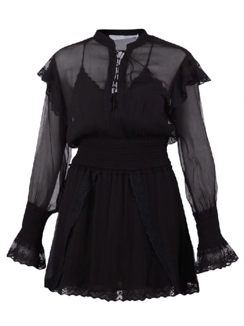 IRO Black Sheer Long-Sleeve Lace-Trim Mini Dress